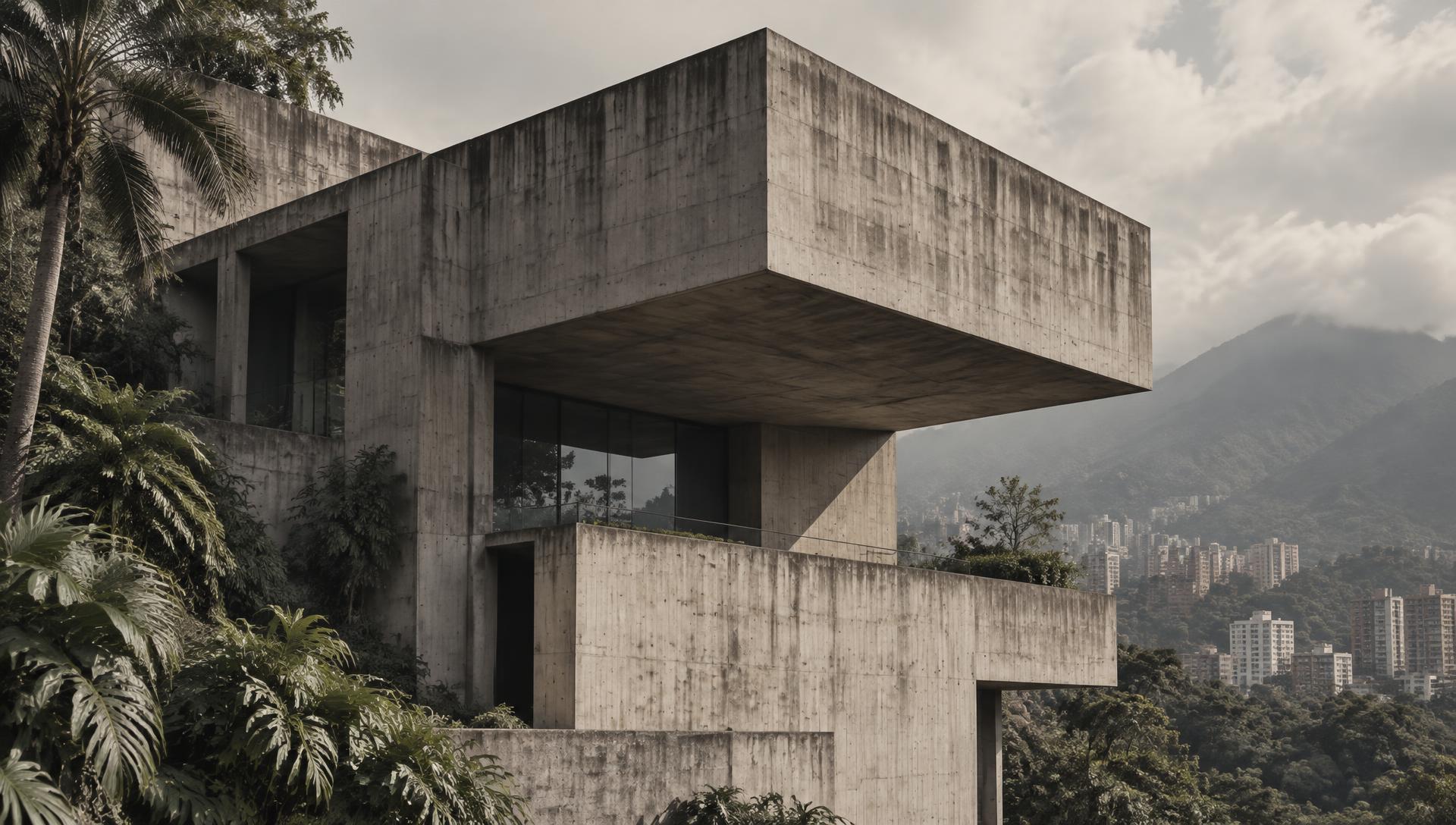 Volumen de concreto visto sobre la ladera, con sombras marcadas por el sol de la tarde